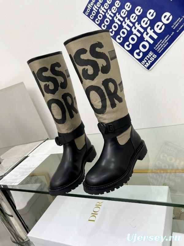 2024 Women Dior black beige leather canvas boots MJ00350