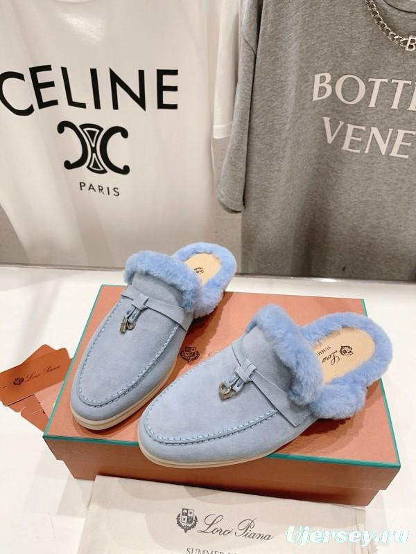2024 LP Light Blue Suede Shearling Slippers