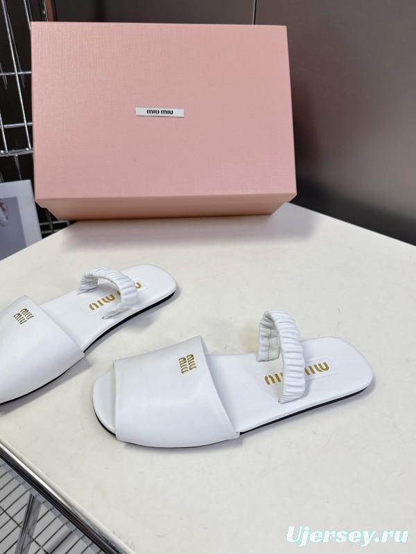 2025 Women Miu Miu White Leather Slippers LY00