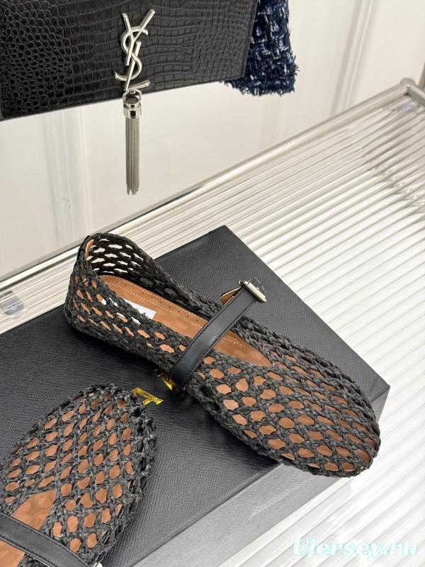 2025 Women AlAIA Black Leather Woven Mary Jane