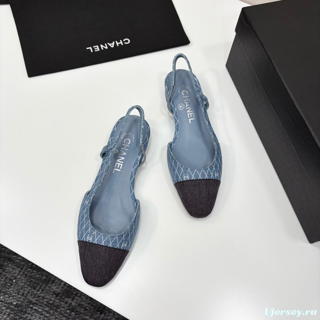 2025 Women Chanel Blue Black Denim Leather Slingback LY00240