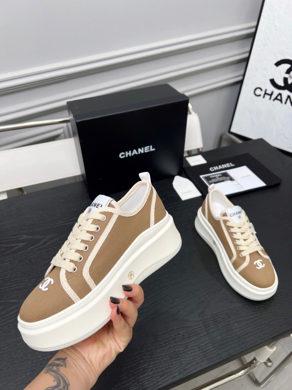 2025 Women Chanel Beige Canvas Leather Sneakers Collaboration LY00250