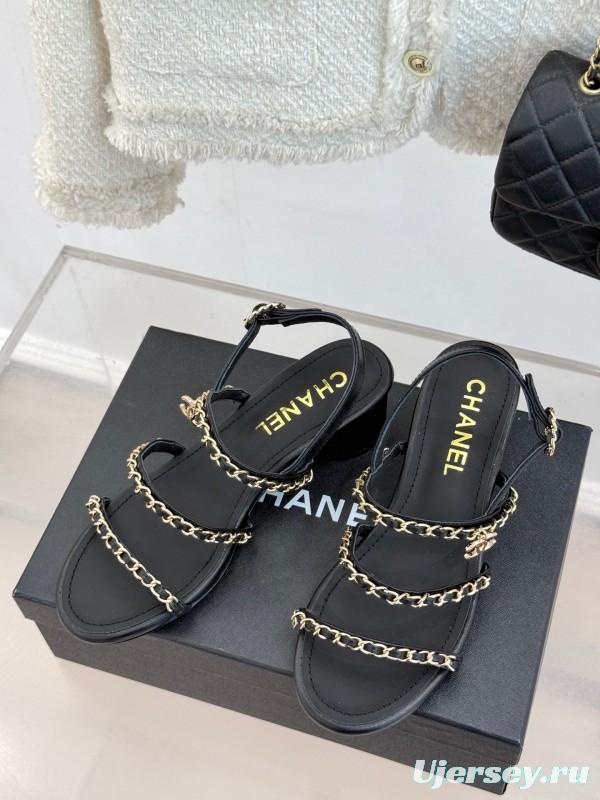 2025 Women Chanel Black Leather Sandals Chain KFY00270