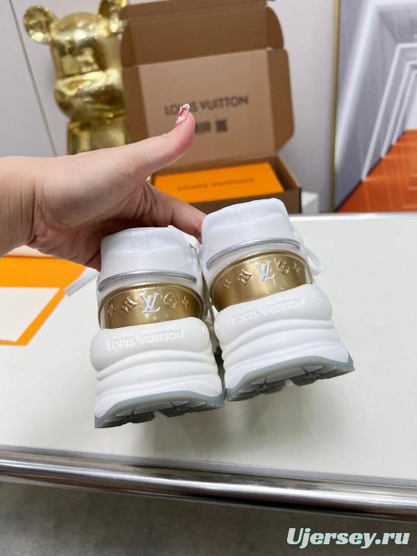 2025 Women Louis Vuitton White Gold Leather Mesh Sneakers LY00340