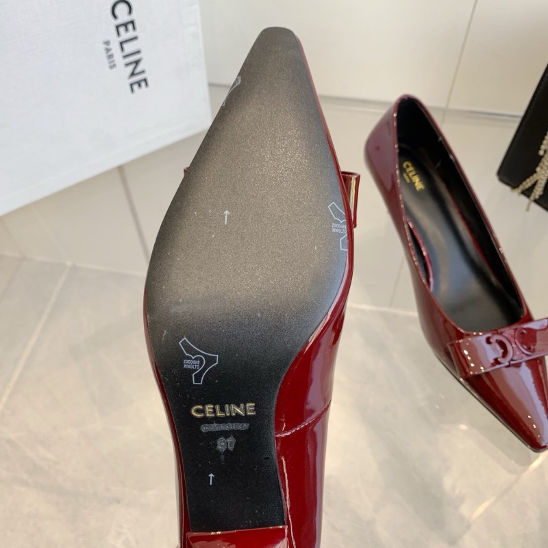 2025 Women Celine Burgundy Patent Leather Pointed Toe Pumps
