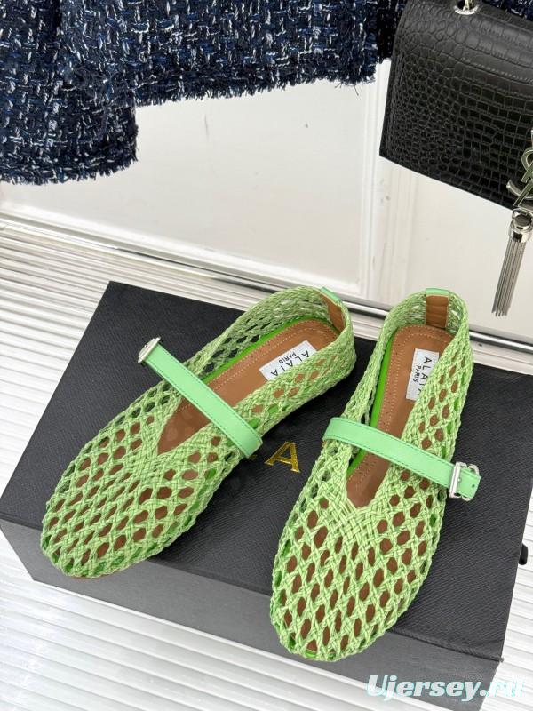 2025 Women AlAIA Green Leather Mesh Mary Jane