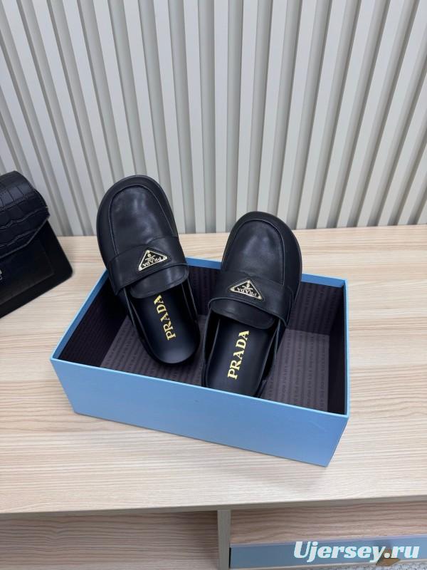 2025 Women Prada Black Leather Platform Loafers