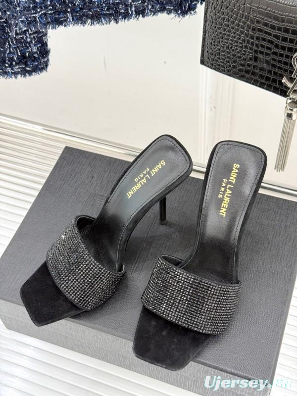 2025 Women Yves Saint Laurent Black Rhinestone Leather High Heel Slippers LY00300