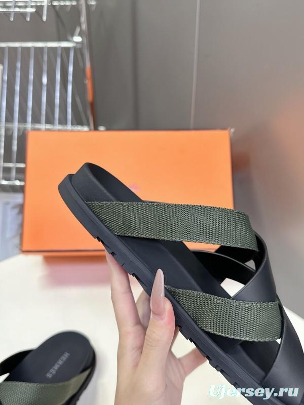 2025 Slippers Hermès Black Green Leather Fabric Slippers