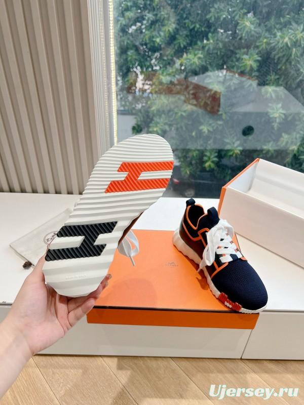 2024 Unisex Hermès navy orange knit leather sneakers