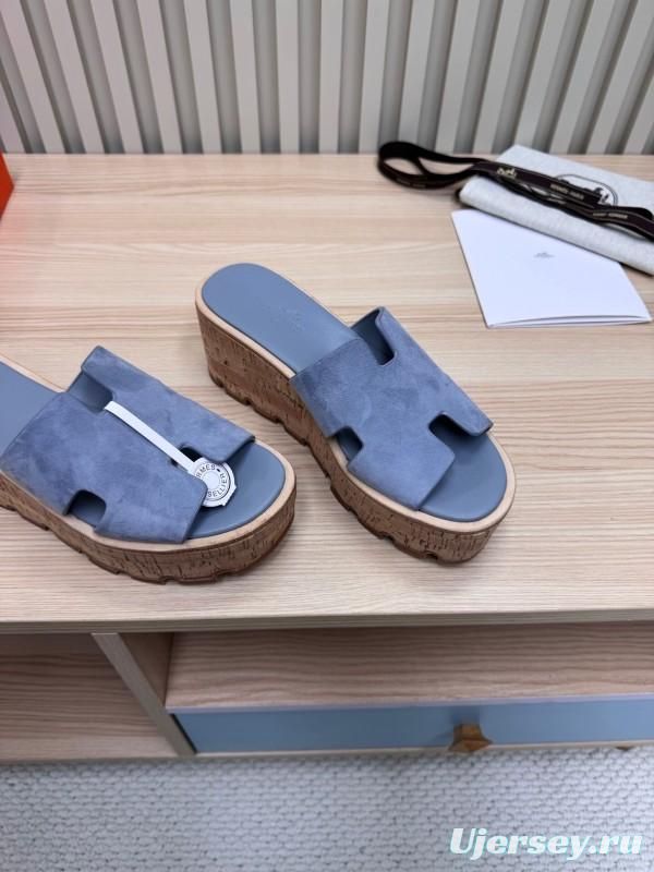 2025 Women Hermès Blue Suede Slippers
