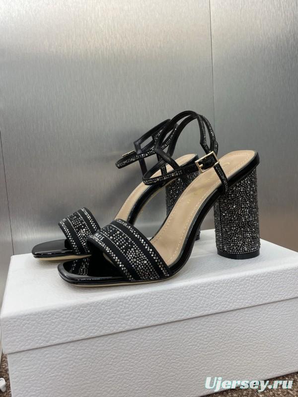 2025 Women Dior Black Patent Leather Crystal High Heel Sandals KFY00320