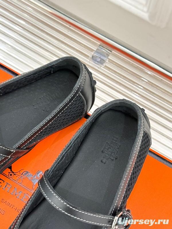 2025 Women Hermès Black Mesh Leather Mary Jane