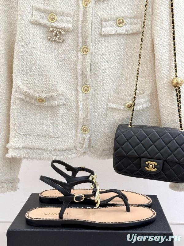 2025 Women Chanel Black Leather Sandals KFY00290