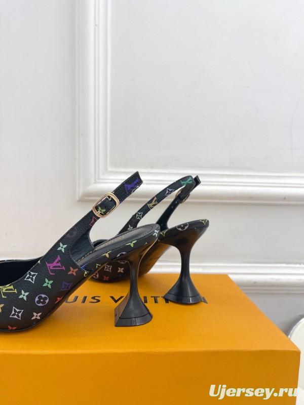 2025 Women Louis Vuitton Black Multicolor Leather Slingback Heels KFY00280