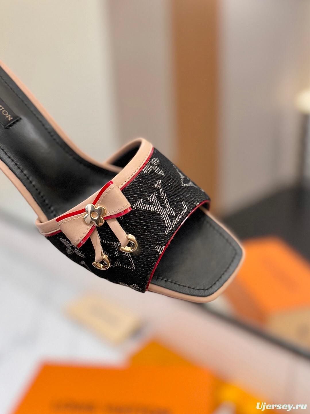 2025 Women Louis Vuitton Black Beige Denim Sandals LV Element KFY00310