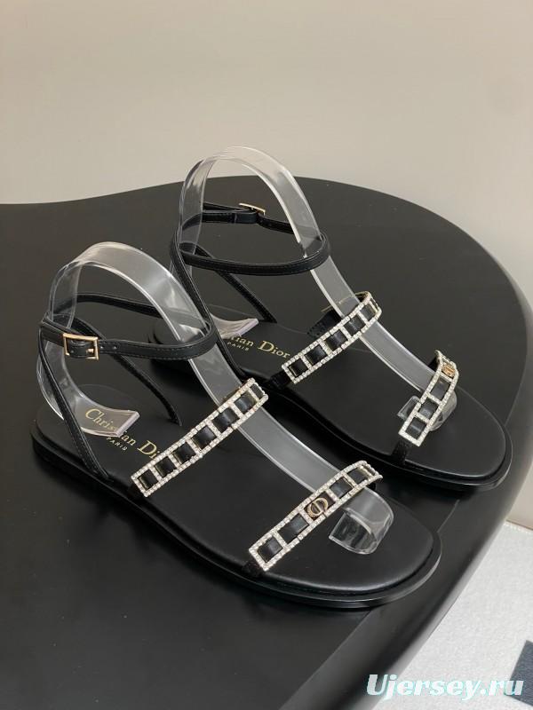 2025 Women Dior Black Crystal Embellished Leather Flat Sandals