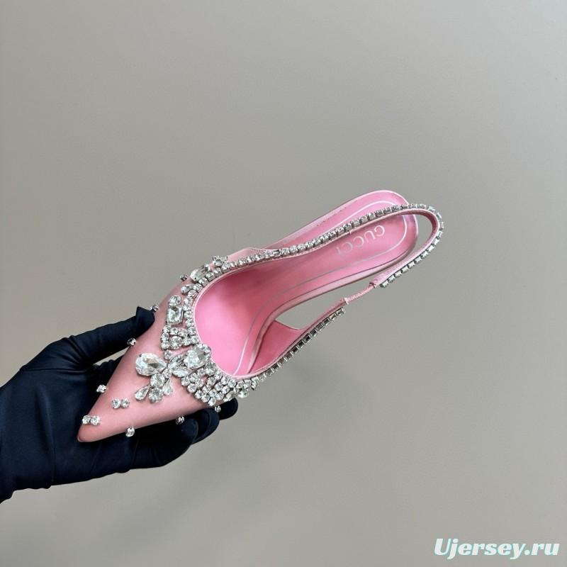 2025 Women Gucci Pink Silk Slingback High Heel Crystal MJ00340
