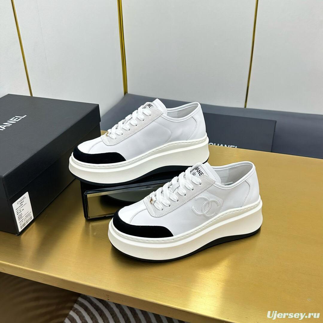 2025 Women Chanel White Black Leather Sneakers Platform Sole