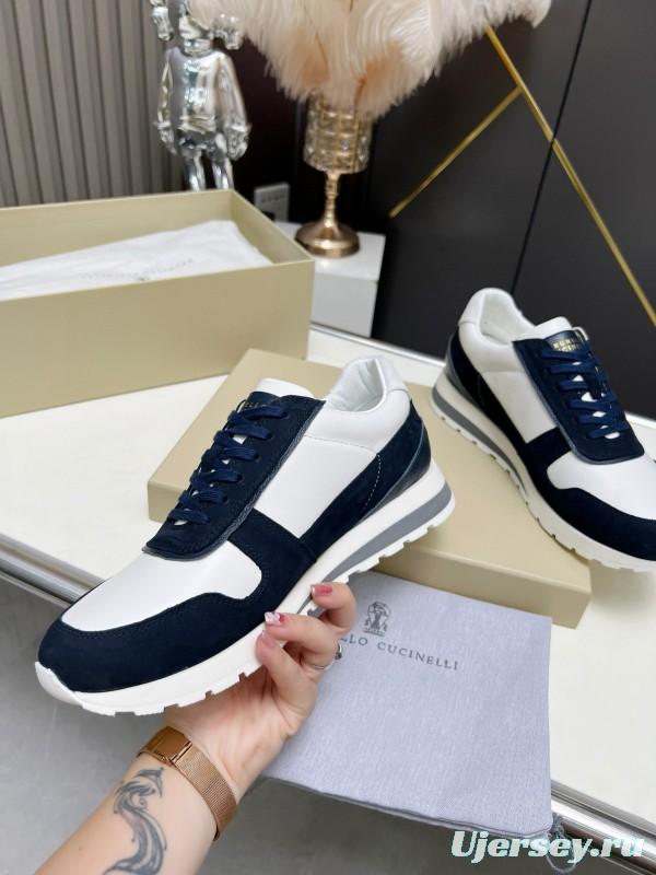 2024 Unisex Brunello Cucinelli White Navy Suede Leather Sneakers