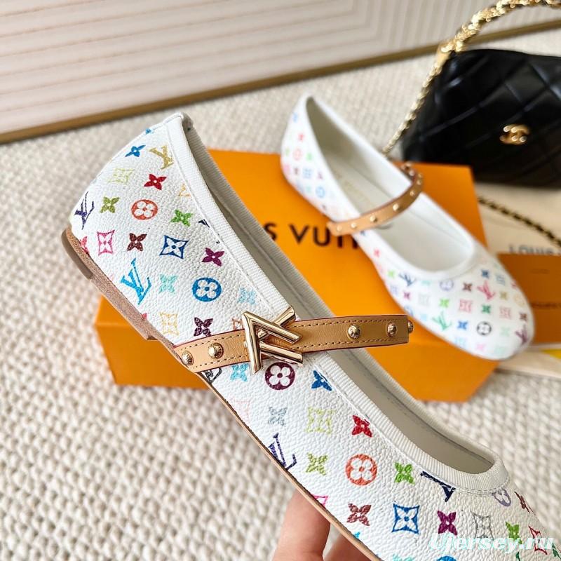 2025 Women Louis Vuitton White Multicolor Leather Ballet Flat