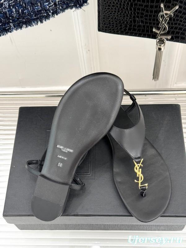 2025 Women Yves Saint Laurent Black Leather Sandals KFY00270