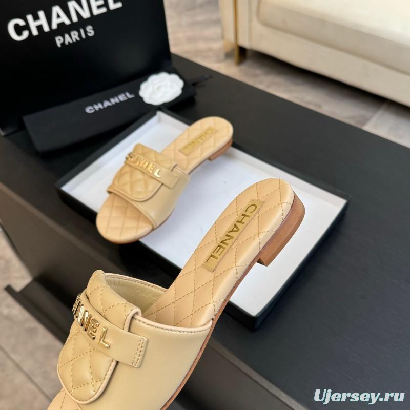 2025 Women Chanel Beige Leather Slippers