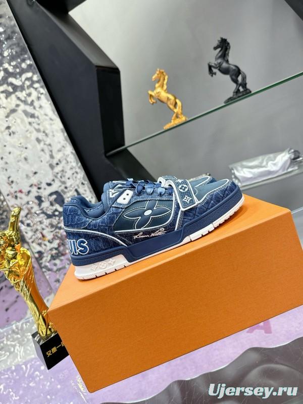 2024 Men Louis Vuitton Blue Denim Calfskin Silk Plimsolls Washed MJ00410