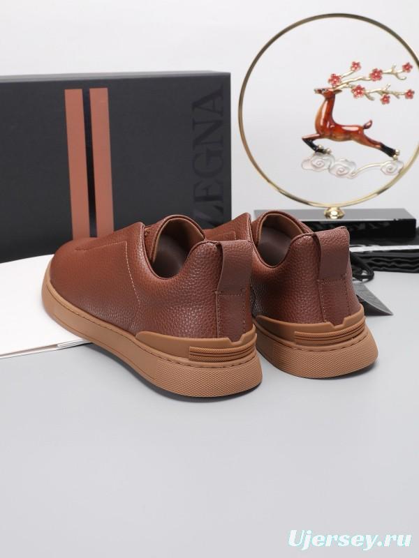 2024 Men Ermenegildo Zegna Brown Leather Low Top Sneakers MJ00240