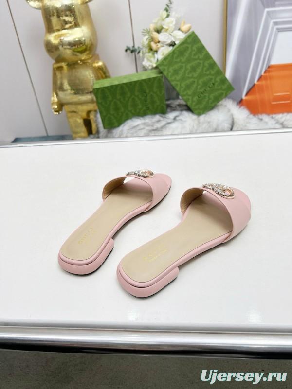2025 Women Gucci Pink Leather Slippers GG Buckle MJ00190