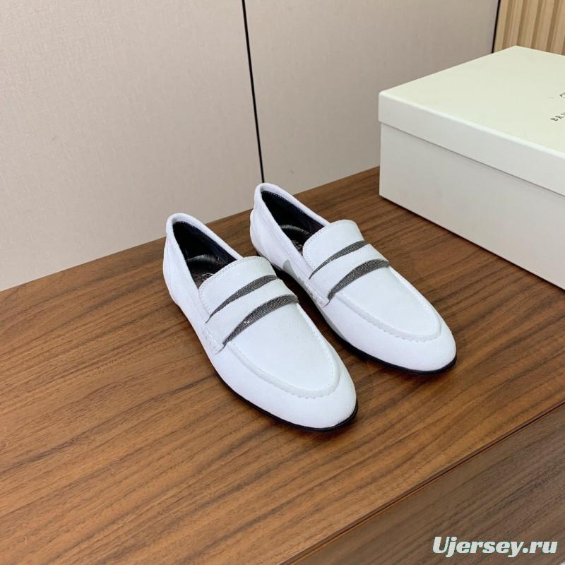 2025 Women Brunello Cucinelli White Suede Loafers Handcrafted Bead Chain Detail LY00360 (F)