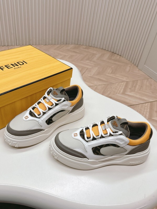 2025 Women Fendi White Grey Yellow Leather Mesh Sneakers