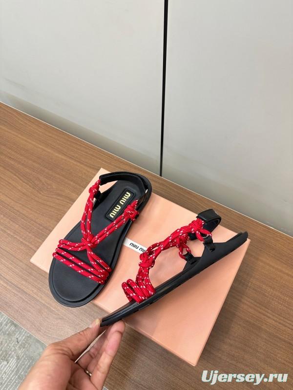 2025 Women Miu Miu Red Rope Leather Sandals LY