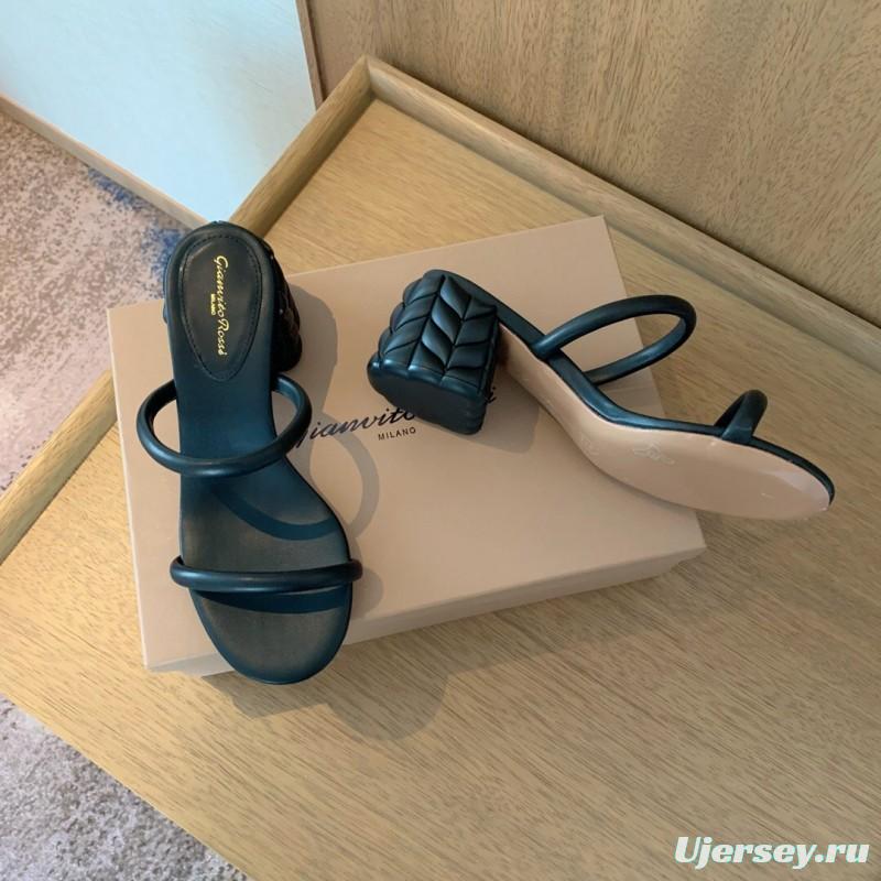 2025 Women Gianvito Rossi Black Leather Heeled Sandals