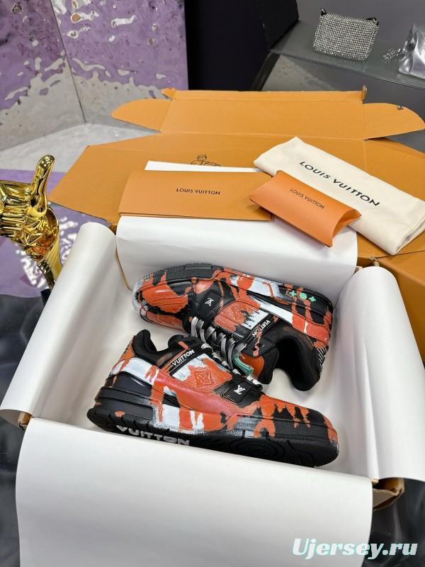 2024 Unisex Louis Vuitton Orange Black White Leather Denim Plimsolls Artist Hand-drawn MJ00780