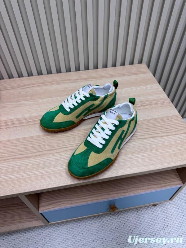 2025 Unisex Hermès Green Beige Suede Down Fabric Sneakers Top Version LY00310