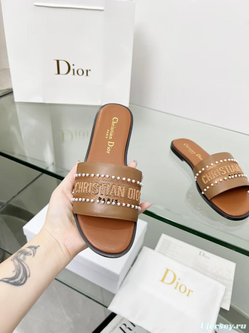 2025 Slippers Dior Brown Leather Women Slide Pearl LY00190