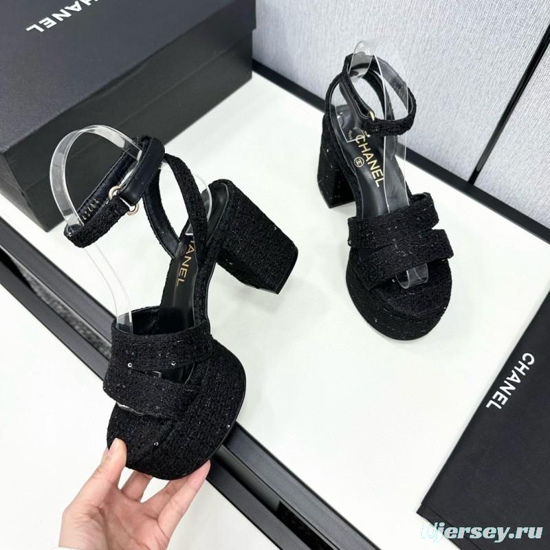 2025 Women Chanel Black Fabric Platform Sandals MJ00310
