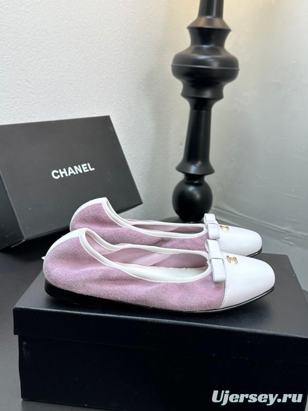 2025 Women CHANEL White Purple Leather Bow Ballet Flats Unisex LY00360(F)