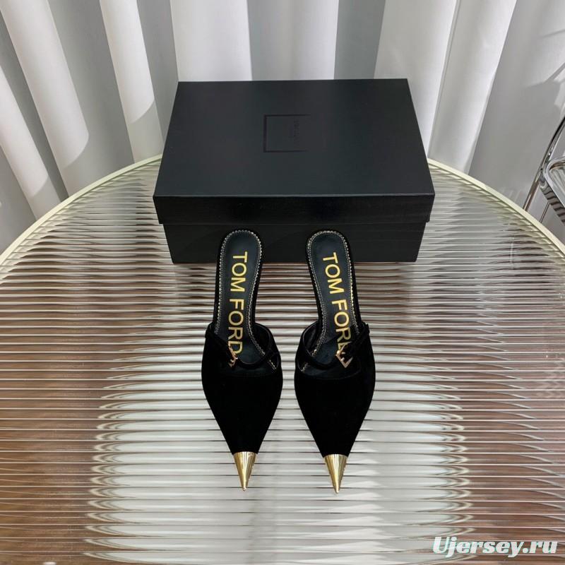 2025 Women TOM FORD Black Suede Leather Pointed Toe Metal Tip Mules
