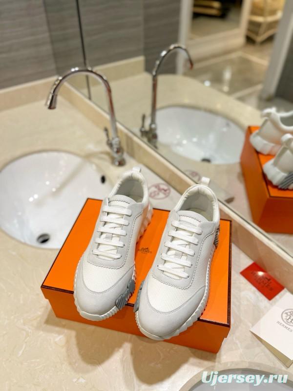 2024 Unisex Hermès White Cream Imported Silky Goat Suede Nylon Sneakers MJ00320