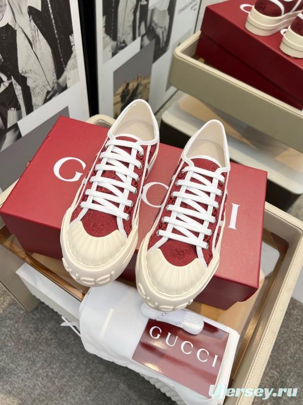 2025 Women Gucci Burgundy Canvas Rubber Sole Thick Platform Sneakers Handcrafted LY00270