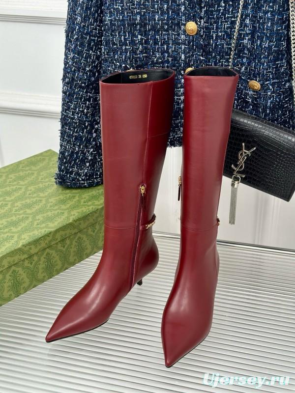 2024 Women Gucci Wine Leather Knee High Boots Chain Link MJ00550