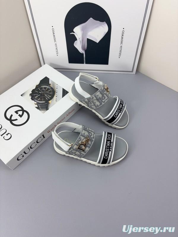 2025 Kids Dior Gray Black Canvas Leather Sandals