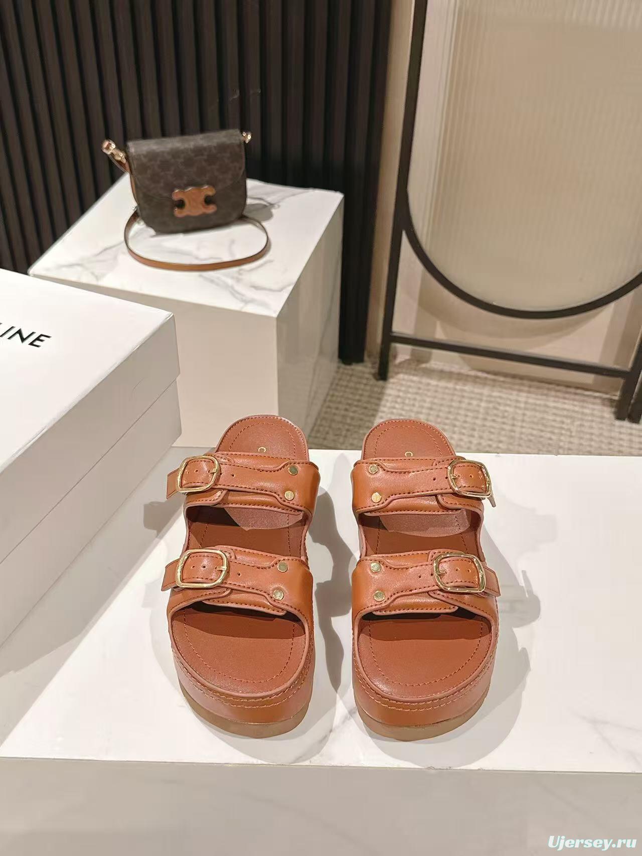 2025 Women Celine Brown Leather Platform Sandals LY00300