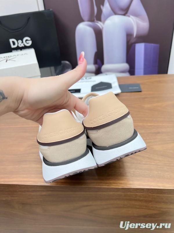 2025 Unisex Dolce & Gabbana White Beige Suede Mesh Sneakers LY00300