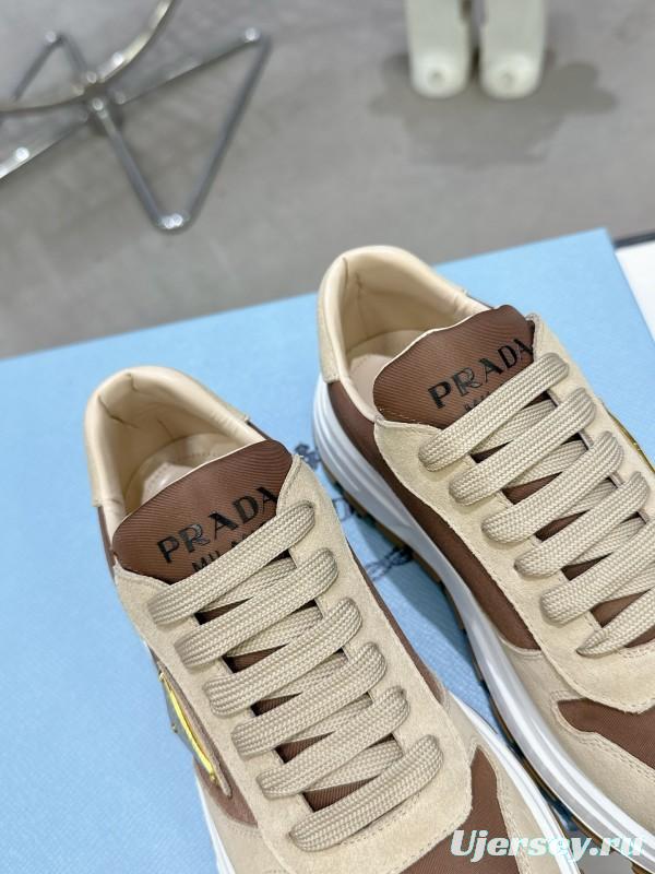 2025 Women Prada Beige Brown Leather Sneakers KFY00310