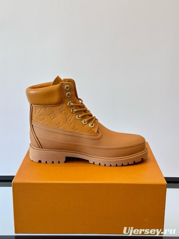 2024 Men Louis Vuitton Brown Leather Waterproof Work Boots MJ00390