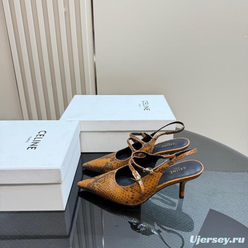 2025 Women Celine Brown Snake Leather Pointed Toe Slingback Heels