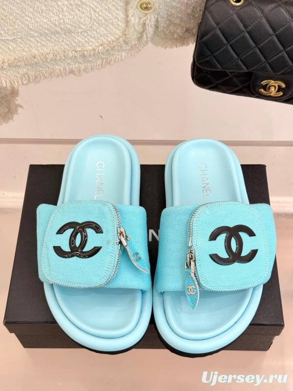 2025 Slippers Chanel Blue Fabric Slippers KFY00220